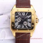 Swiss Replica Cartier Santos 100 Watch All Gold Brown Leather
